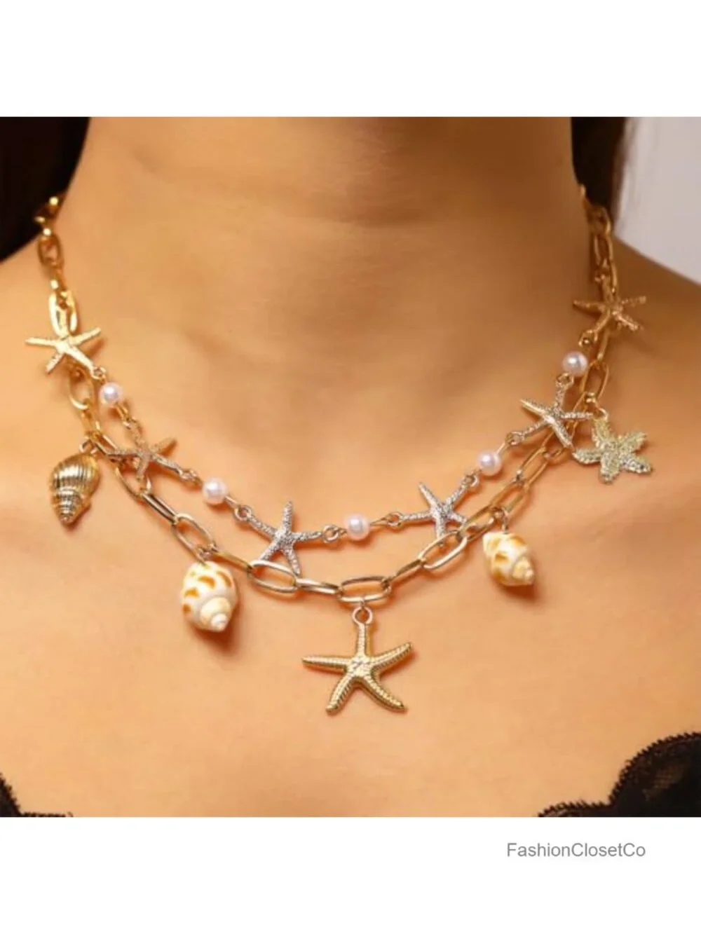 Layered Starfish Pendant Necklace Faux Pearls Beach Jewelry